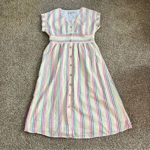 LOFT Pink and Blue Flutter Sleeve V-Neck Midi Dress